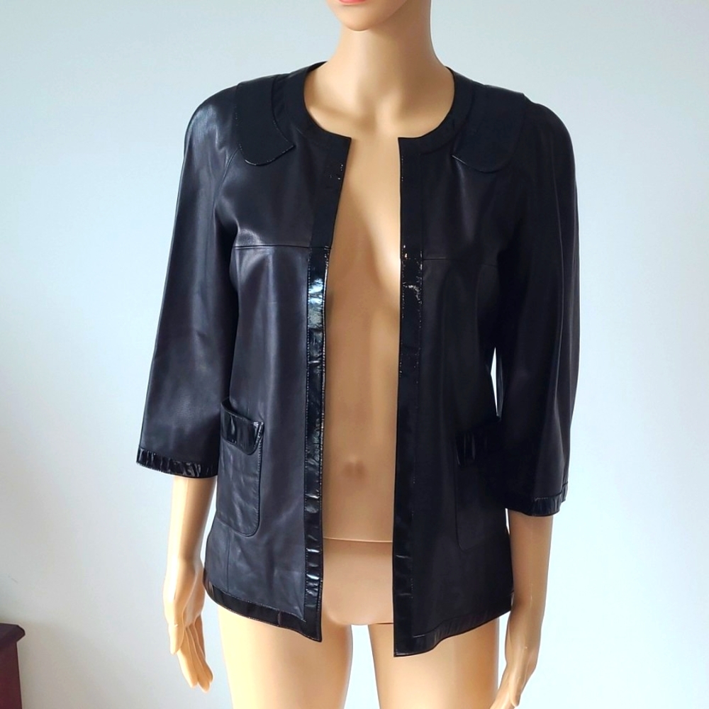 Chanel Lambskin Blazer with Patent Leather Trim Size 7P